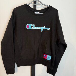 EUC - Champion Sweatshirt Size L. Black with Fuzzy ish Blue writing